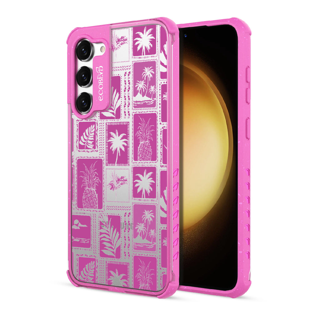 Oasis - Back View Of Pink & Clear Eco-Friendly Galaxy S23 Case & A Front View Of The Screen