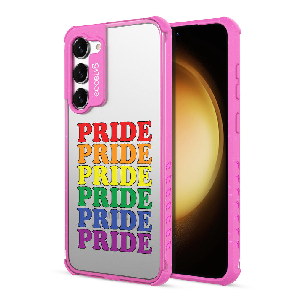Pride Camp - Back View Of Pink & Clear Eco-Friendly Galaxy S23 Case & A Front View Of The Screen
