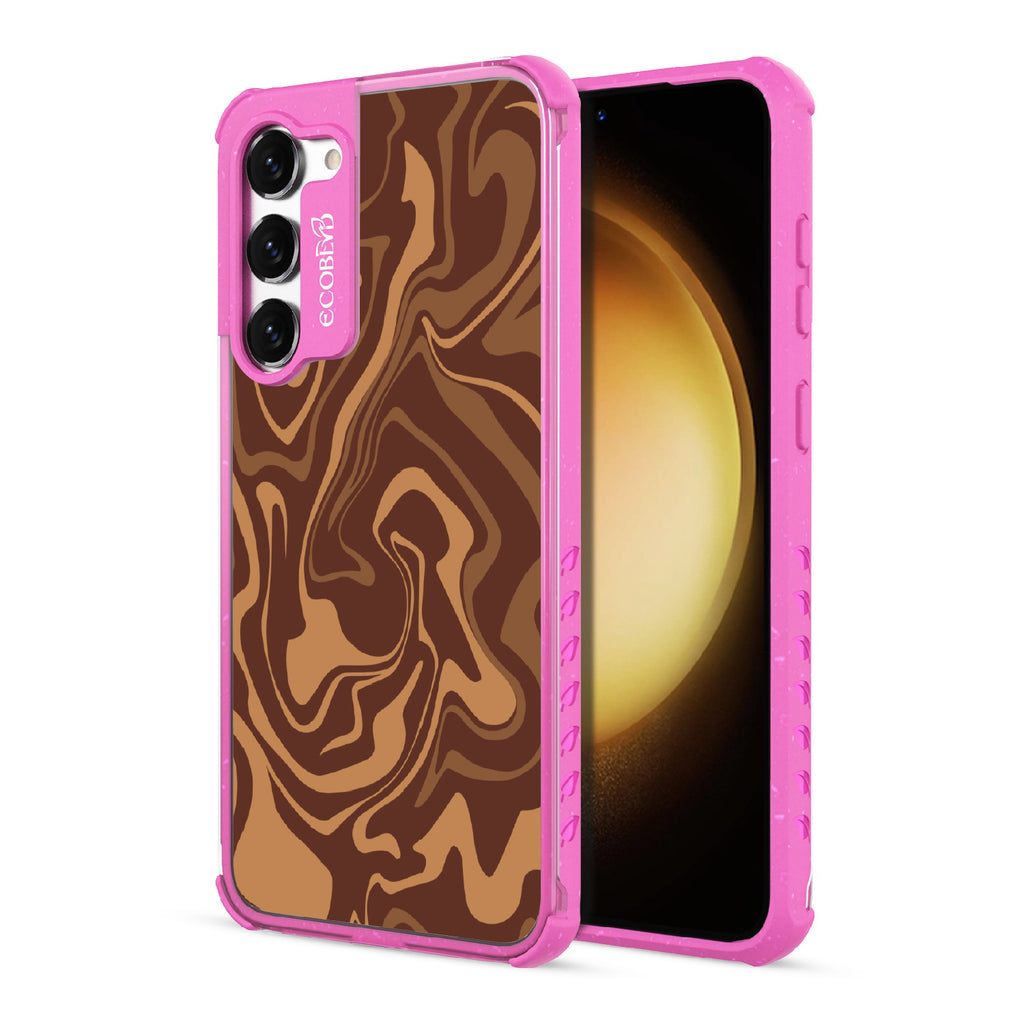 Front and back view of Samsung Galaxy S23 case, clear compostable phone case with pink ridges, Stirred & Swirled design