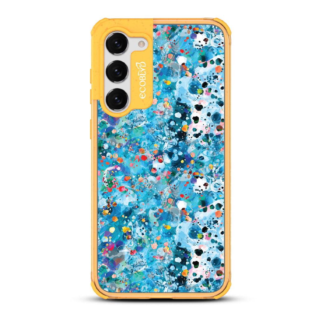 Samsung Galaxy S23 case, clear eco-friendly phone case with yellow ridges, back view, Brushed By The Tide design