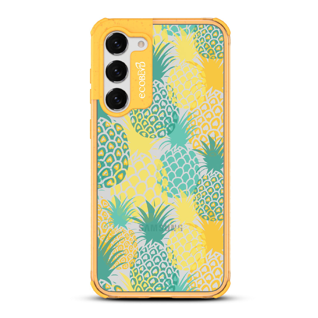Pineapple Breeze - Yellow Eco-Friendly Galaxy S23 Plus Case With Tropical Colored Pineapples On A Clear Back