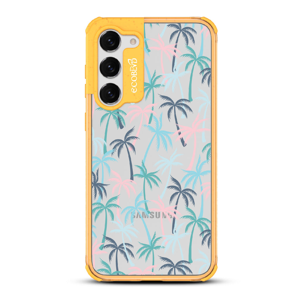 Cruel Summer - Yellow Eco-Friendly Galaxy S23 Case With Hotline Miami Colored Tropical Palm Trees On A Clear Back