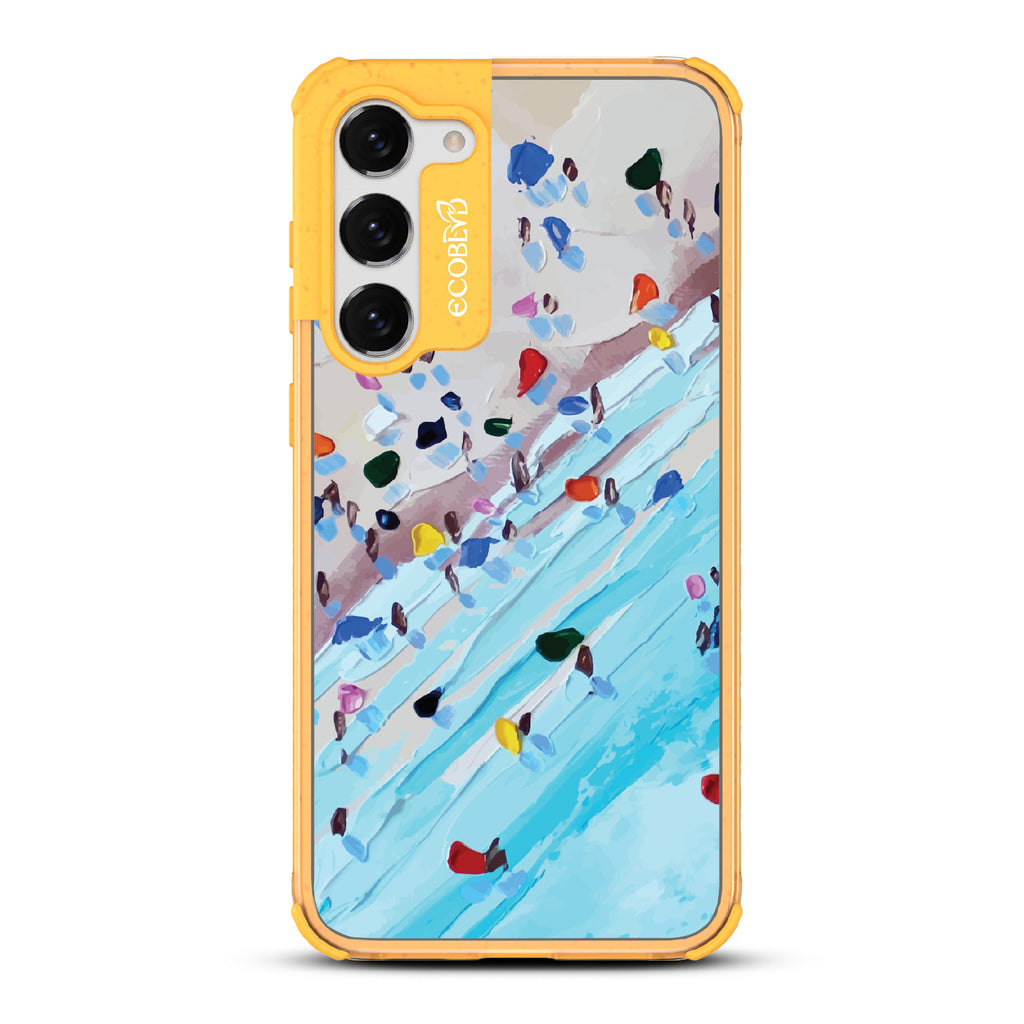 Samsung Galaxy S23 case, clear eco-friendly phone case with yellow ridges, back view, Waves of Color design