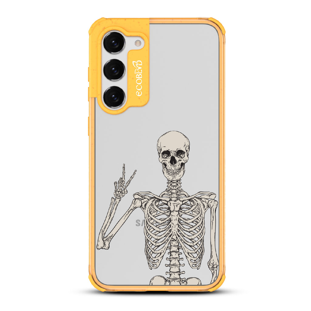 Creepin??????It Real - Yellow Eco-Friendly Galaxy S23 Plus Case With Skeleton Giving A Peace Sign On A Clear Back