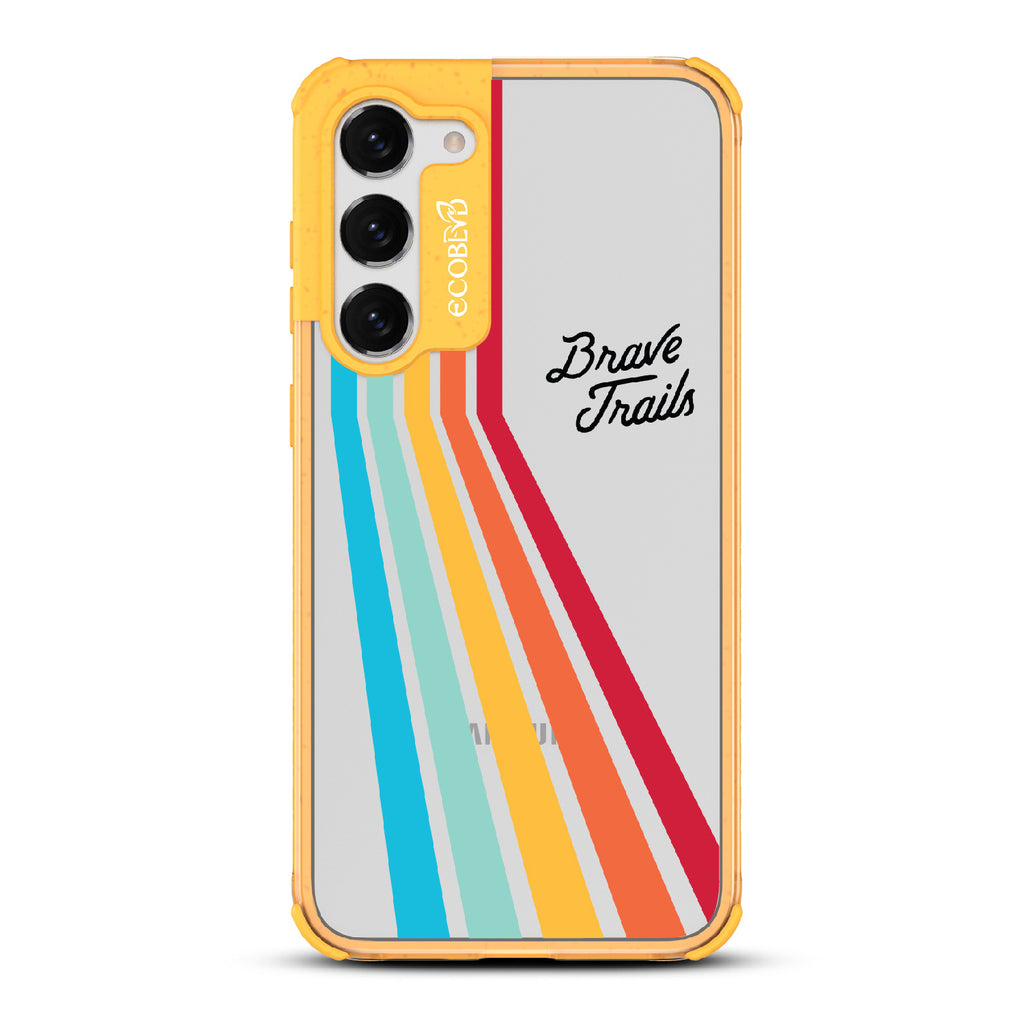 Trailblazer X Brave Trails - Yellow Eco-Friendly Galaxy S23 Case with Trails  In A Vibrant Spectrum Of Rainbow Colors On A Clear Back