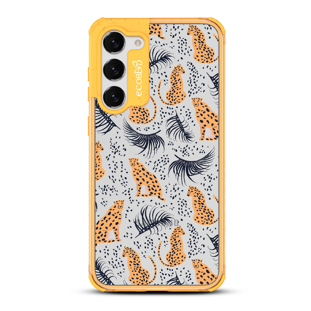 Feline Fierce - Yellow Eco-Friendly Galaxy S23 Case With Minimalist Cheetahs With Spots and Reeds On A Clear Back