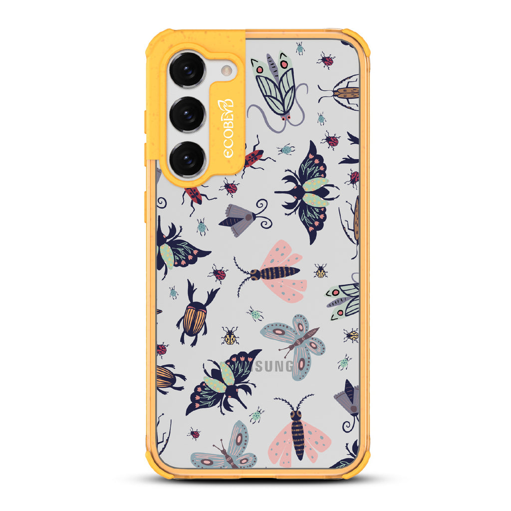 Bug Out - Yellow Eco-Friendly Galaxy S23 Plus Case With Butterflies, Moths, Dragonflies, And Beetles On A Clear Back