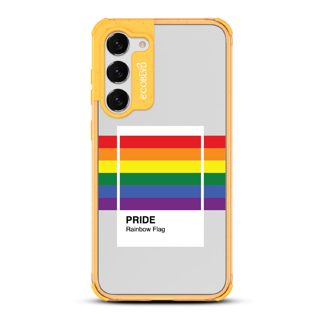 Colors Of Unity - Yellow Eco-Friendly Galaxy S23 Case With Pride Rainbow Flag As Pantone Swatch On A Clear Back