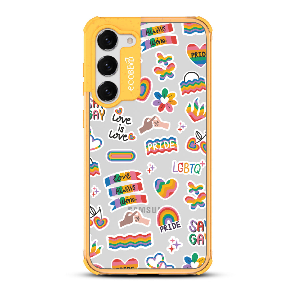 Loud And Proud - Yellow Eco-Friendly Galaxy S23 Plus Case With Pride, Love Aways Wins + More Sticker-Like Prints On A Clear Back