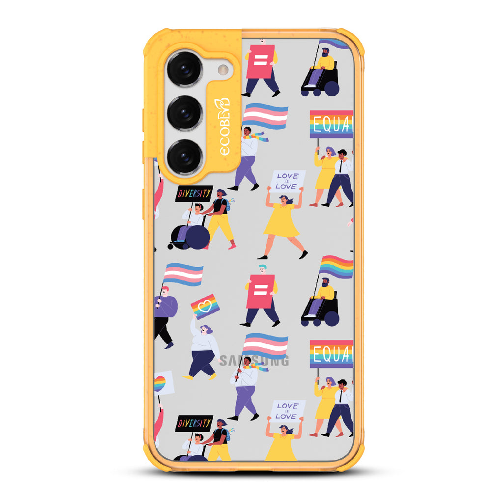 All Together Now - Yellow Eco-Friendly Galaxy S23 Plus Case With Pride March For People Of All Identities On A Clear Back