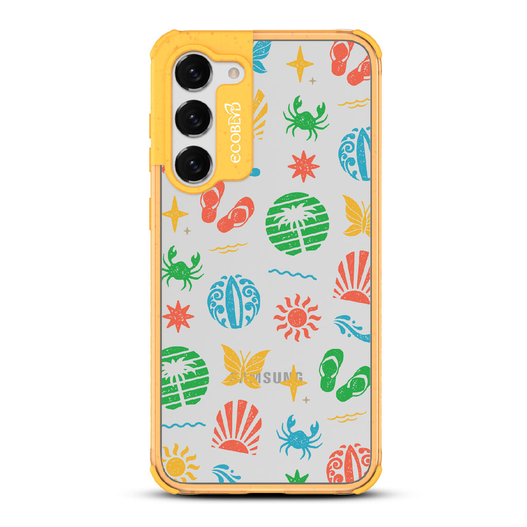 Island Time - Yellow Eco-Friendly Galaxy S23 Case With Surfboard Art Of Crabs, Sandals, Waves & More On A Clear Back