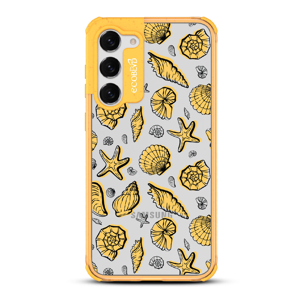  Seashells Seashore - Yellow Eco-Friendly Galaxy S23 Plus Case With Seashells and Starfish On A Clear Back