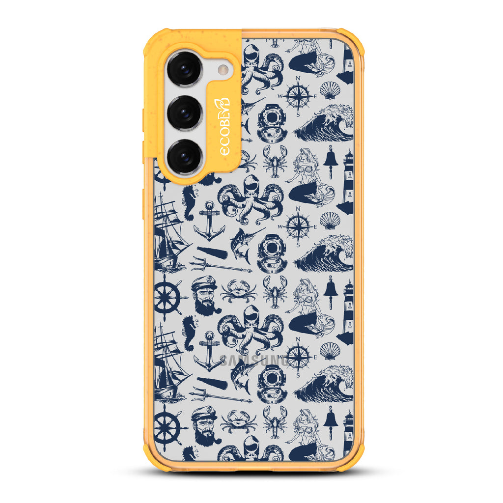 Nautical Tales - Yellow Eco-Friendly Galaxy S23 Case With Sailors, Ships, Waves, Anchors & More On A Clear Back