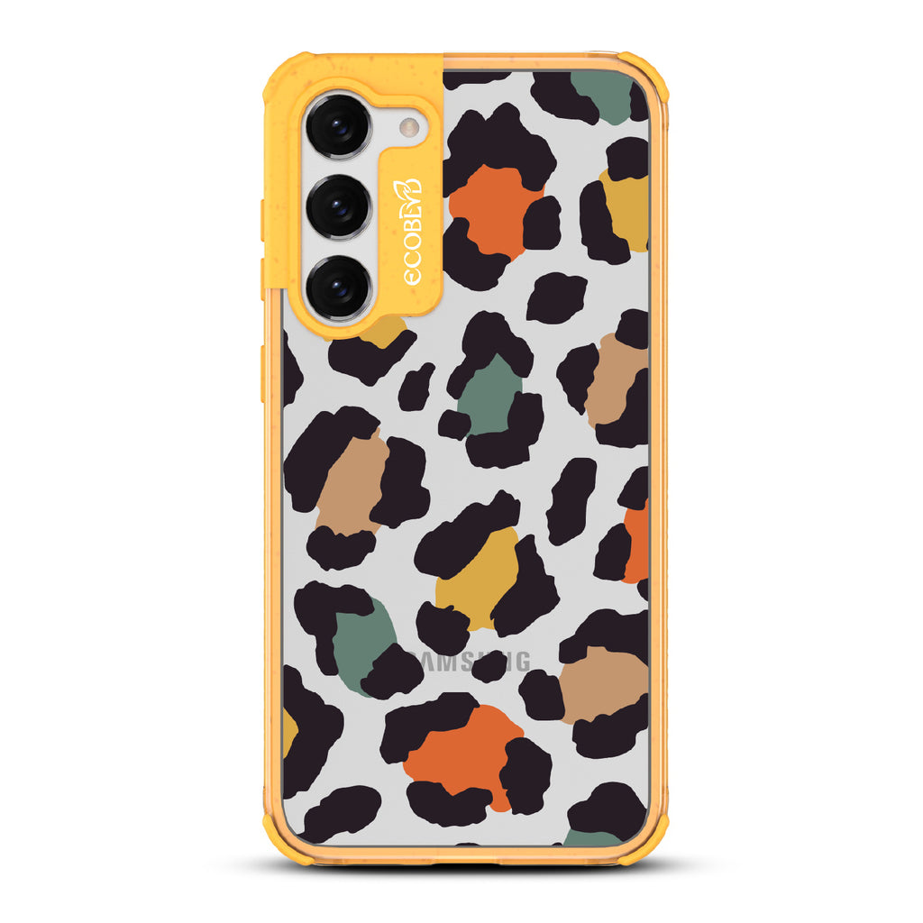 Cheetahlicious - Yellow Eco-Friendly Galaxy S23 Plus Case With Multi-Colored Cheetah Print On A Clear Back
