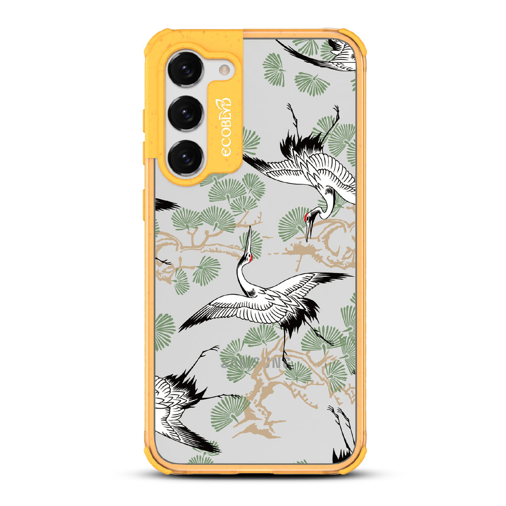 Graceful Crane - Yellow Eco-Friendly Galaxy S23 Case With Japanese Cranes Atop Branches On A Clear Back