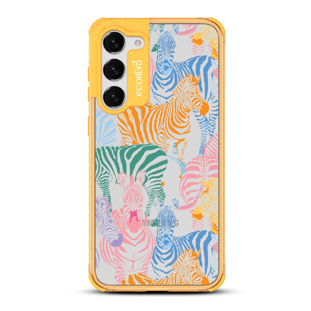 Colorful Herd - Yellow Eco-Friendly Galaxy S23 Plus Case With Zebras in Multiple Colors On A Clear Back