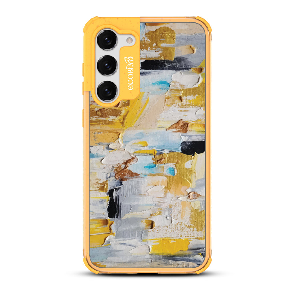 Samsung Galaxy S23 Plus case, clear eco-friendly phone case with yellow ridges, back view, Lighten Up design