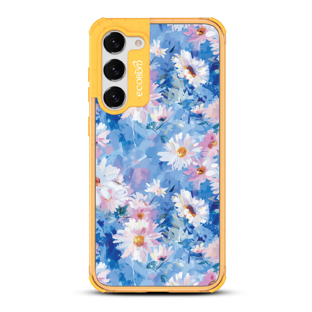 Samsung Galaxy S23 Plus case, clear eco-friendly phone case with yellow ridges, back view, Blown Away design