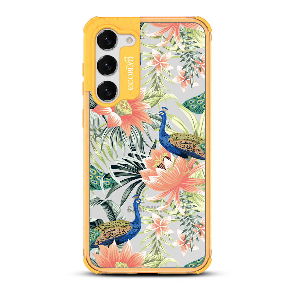 Peacock Palace - Yellow Eco-Friendly Galaxy S23 Case With Peacocks + Colorful Tropical Fauna On A Clear Back