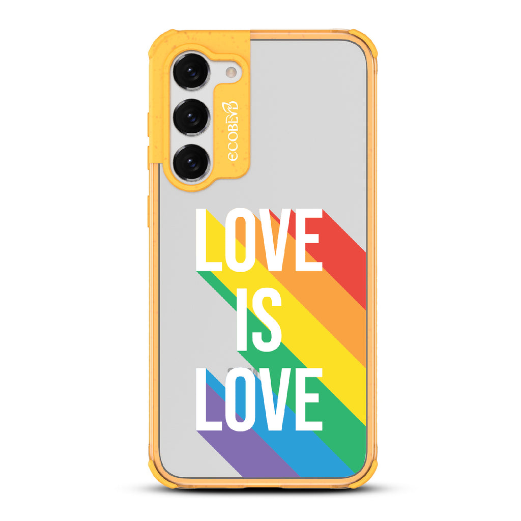 Spectrum Of Love - Yellow Eco-Friendly Galaxy S23 Case With Love Is Love + Rainbow Gradient Shadow On A Clear Back