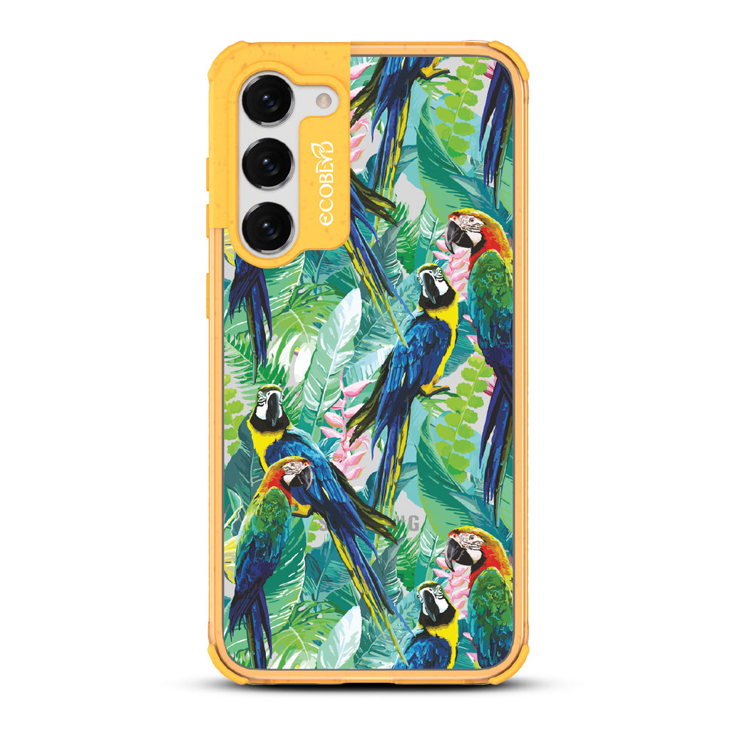 Macaw Medley - Yellow Eco-Friendly Galaxy S23 Case With Macaws & Tropical Leaves On A Clear Back