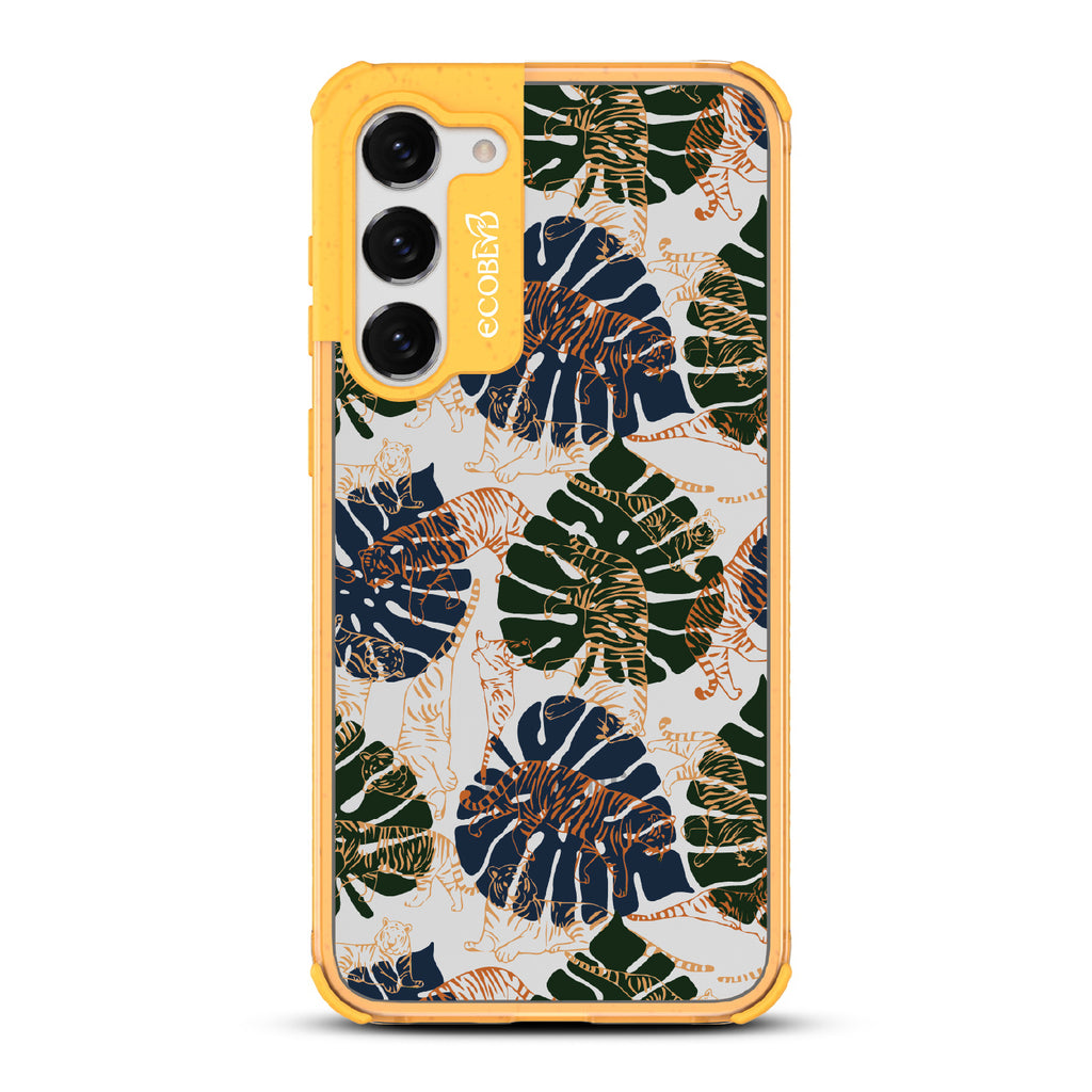 Tropic Roar - Yellow Eco-Friendly Galaxy S23 Case With Jungle Leaves & Orange / Yellow Tiger Outlines On A Clear Back