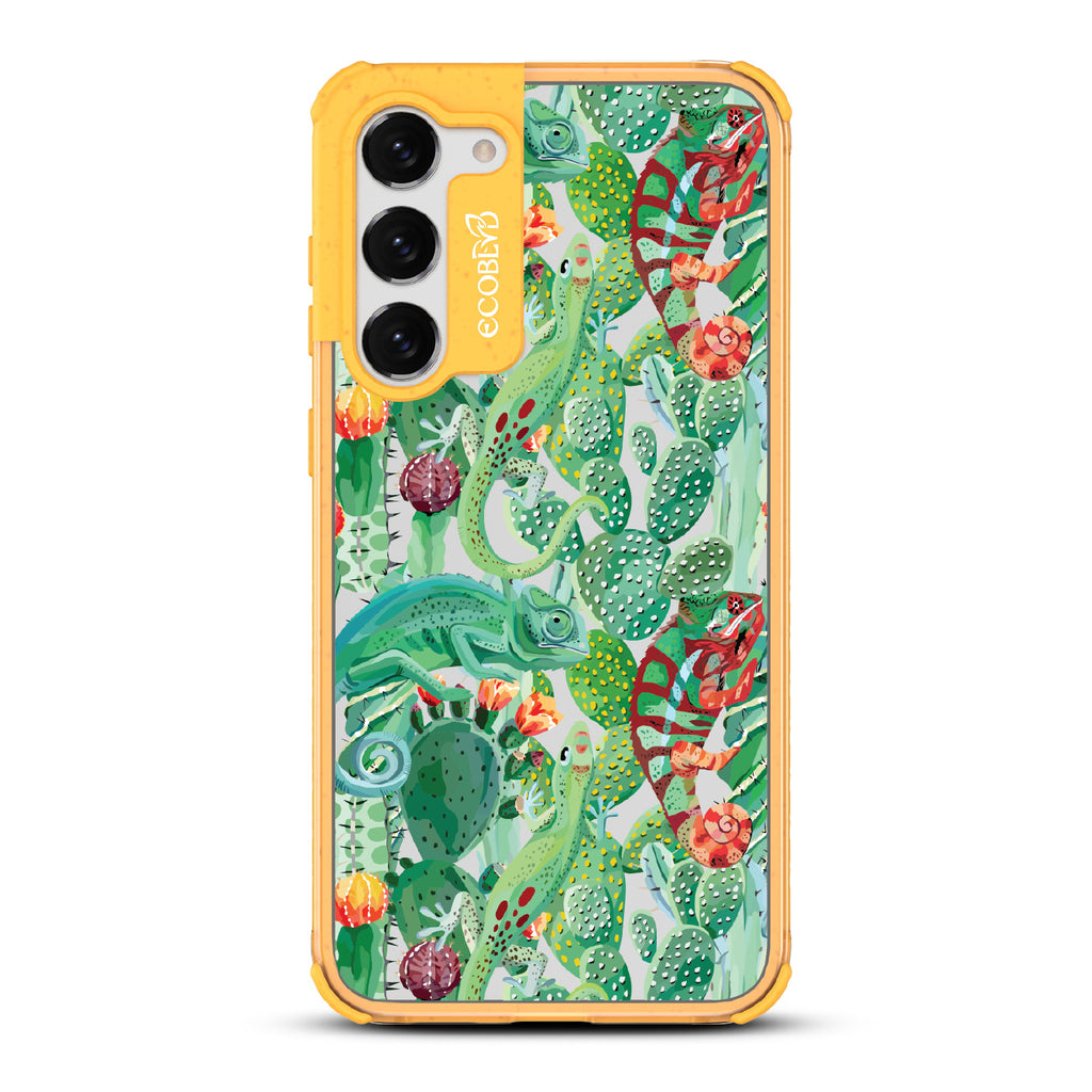 In Plain Sight - Yellow Eco-Friendly Galaxy S23 Case With Chameleons On Cacti On A Clear Back