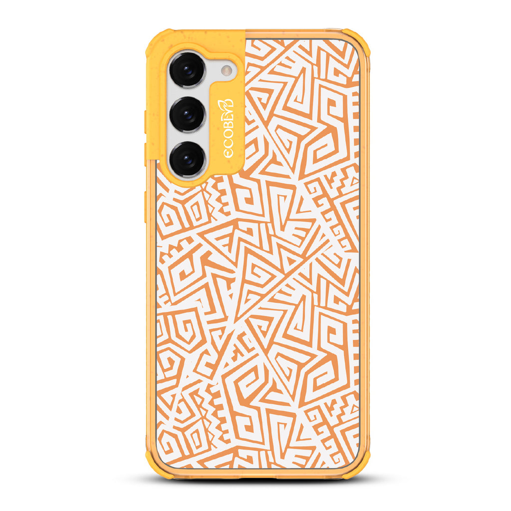 Beyond Borders - Abstract Inca/Kuba/Maori Art  - Eco-Friendly Clear Samsung Galaxy S23 Case With Yellow Rim 