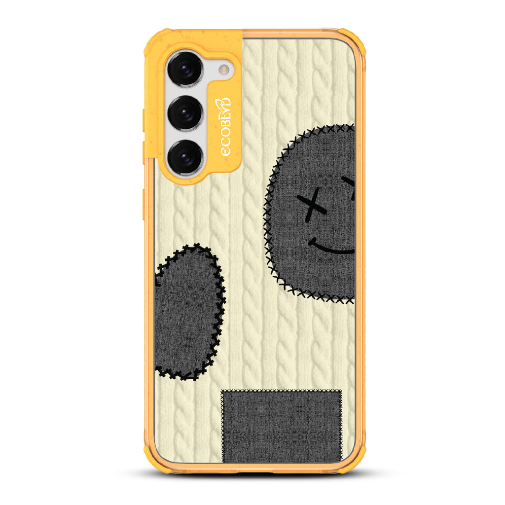 All Patched Up - Cable Knit With Patches of Heart + Happy Face - Eco-Friendly Clear Samsung Galaxy S23 Case With Yellow Rim