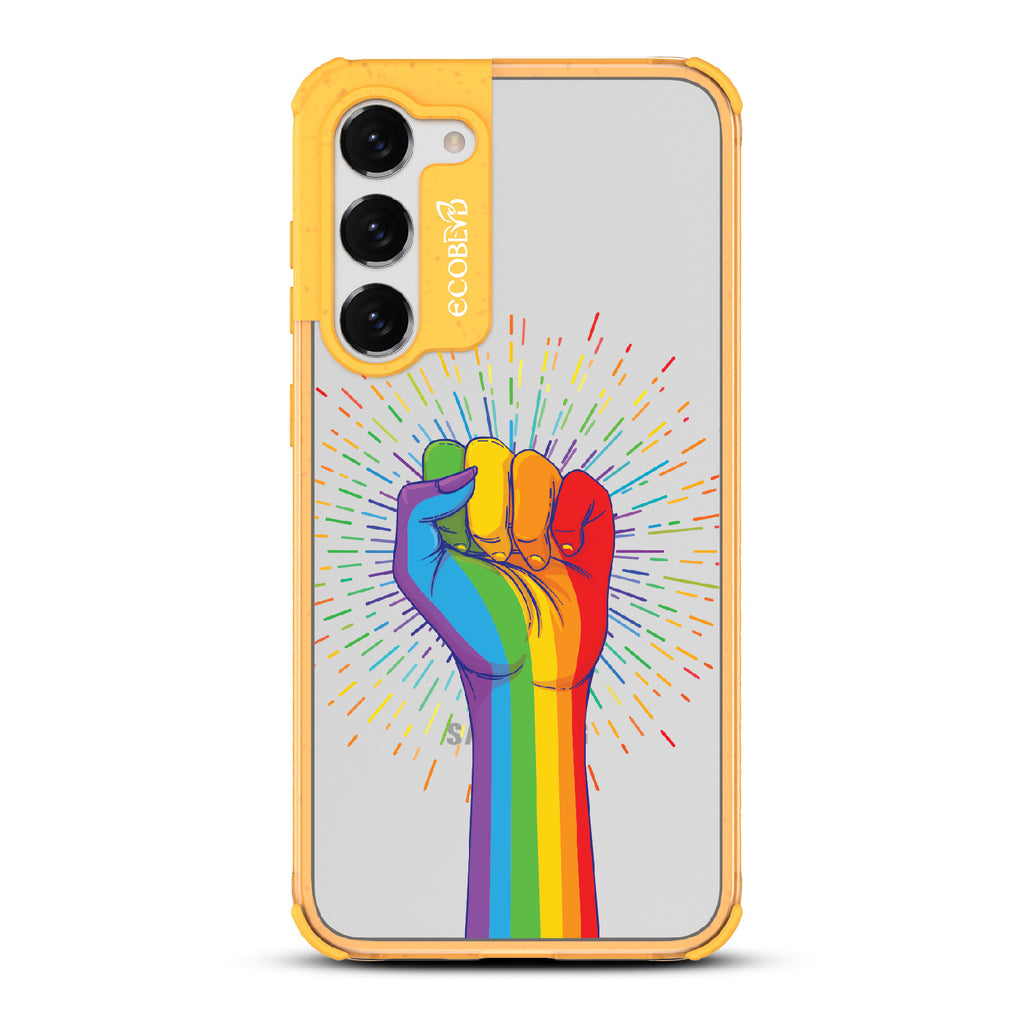 Rise With Pride - Yellow Eco-Friendly Galaxy S23 Case With Raised Fist In Rainbow Colors On A Clear Back