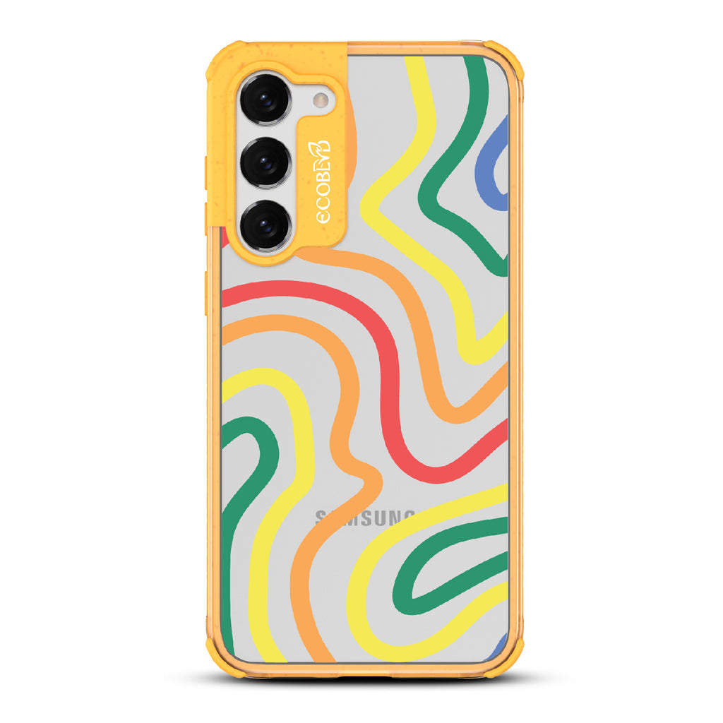 True Colors - Yellow Eco-Friendly Galaxy S23 Plus Case With Abstract Lines In Different Colors Of The Rainbow On A Clear Back