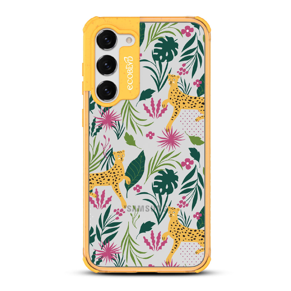 Jungle Boogie - Yellow Eco-Friendly Galalxy S23 Case With Cheetahs Among Lush Colorful Jungle Foliage On A Clear Back