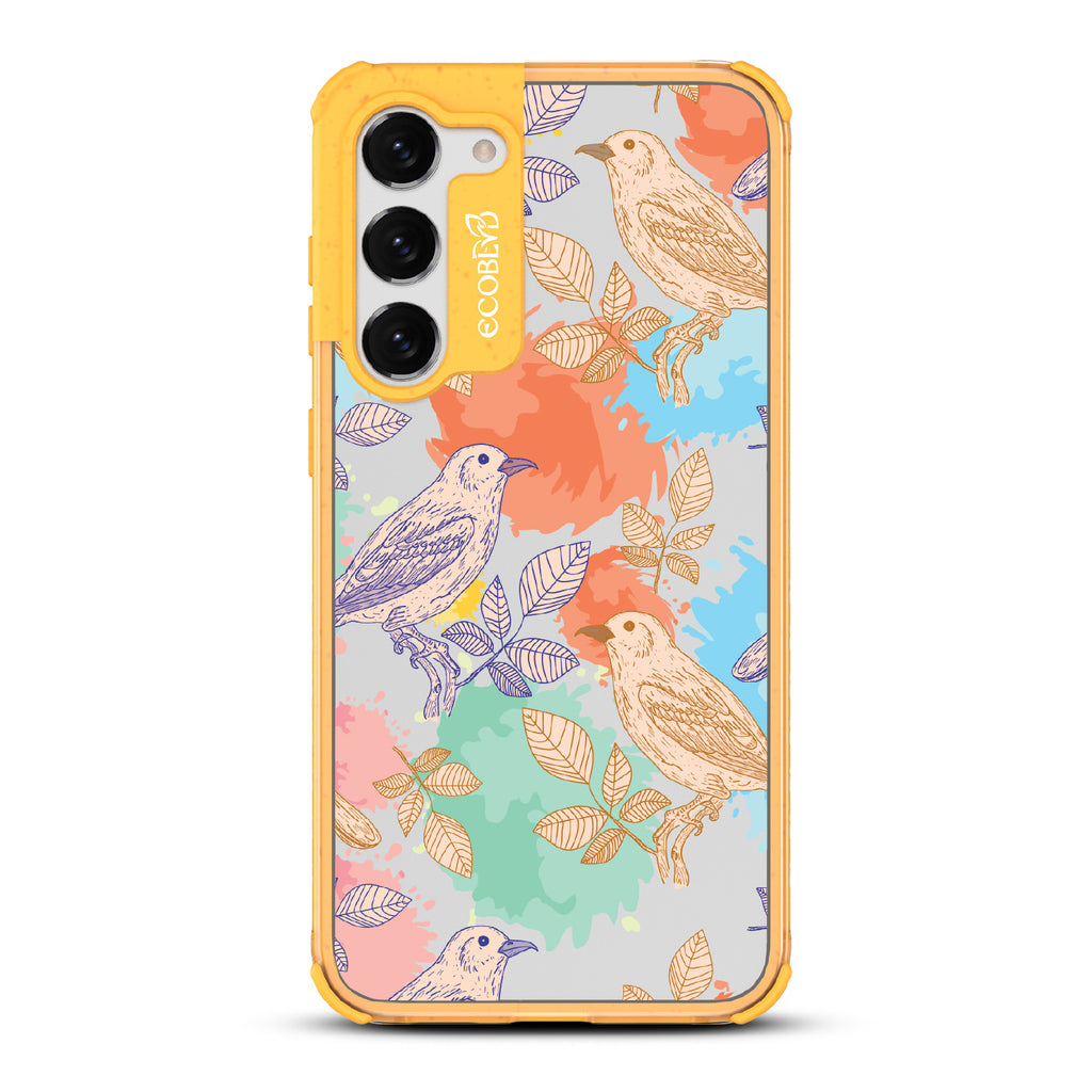 Perch Perfect - Yellow Eco-Friendly Galaxy S23 Plus Case With Birds On Branches & Splashes Of Color On A Clear Back