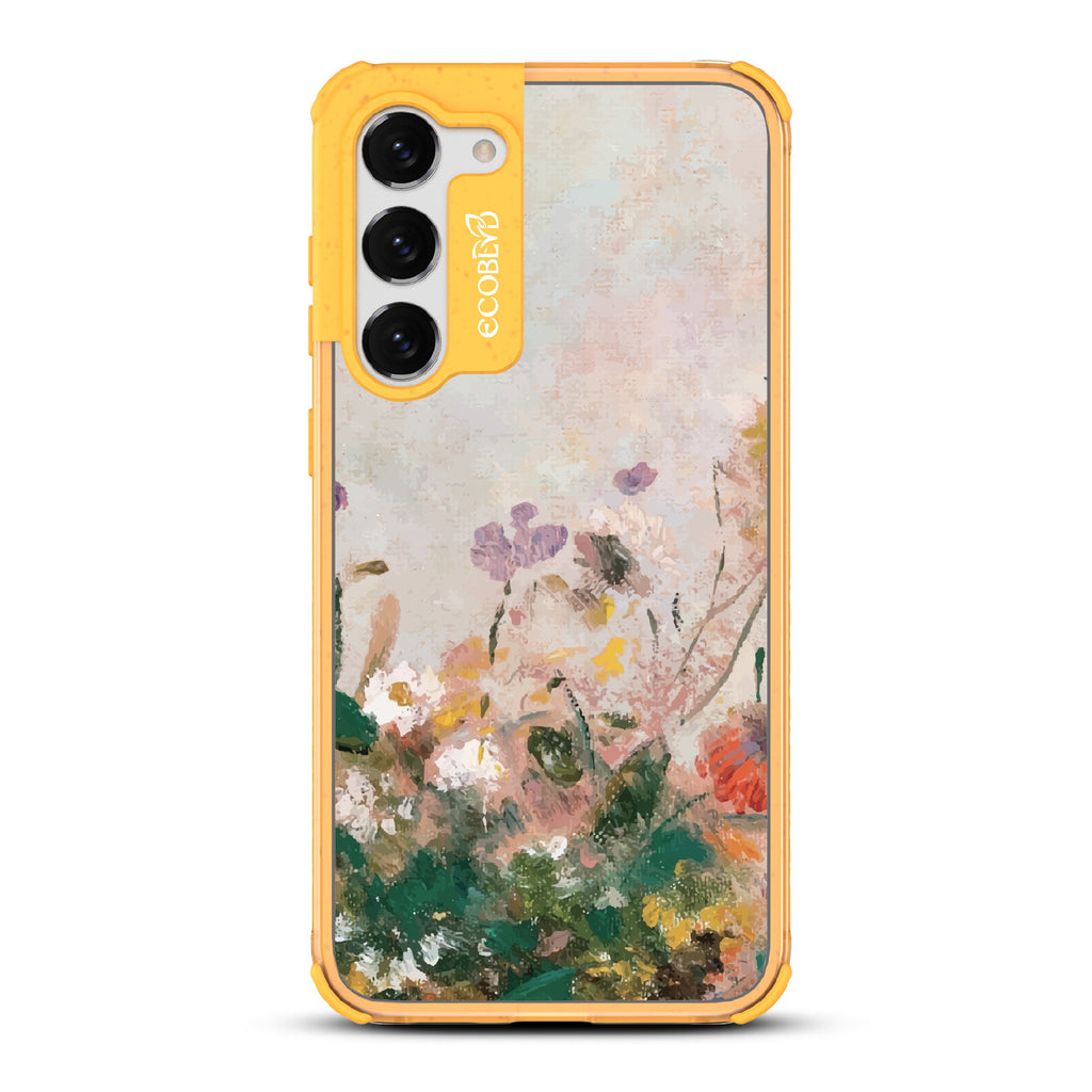 Samsung Galaxy S23 case, clear eco-friendly phone case with yellow ridges, back view, Wild Grace design

