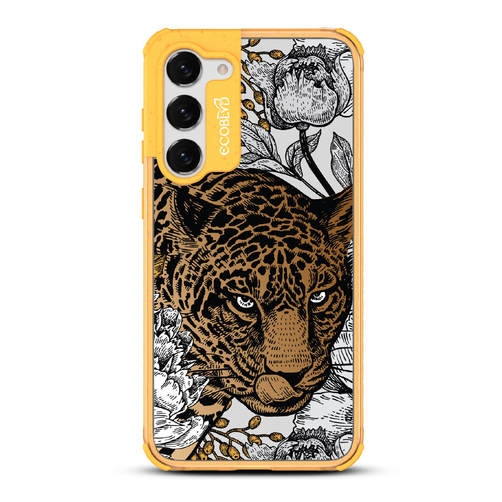 Purrfectly Striking - Yellow Eco-Friendly Galaxy S23 Case With Leopard, Black/Grey Flowers On A Clear Back