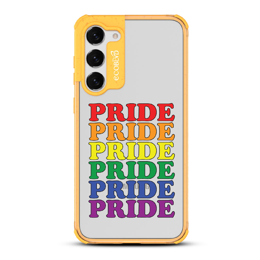Pride Camp - Yellow Eco-Friendly Galaxy S23 Case With Pride Stacked In Multiple Rainbow Colors On A Clear Back