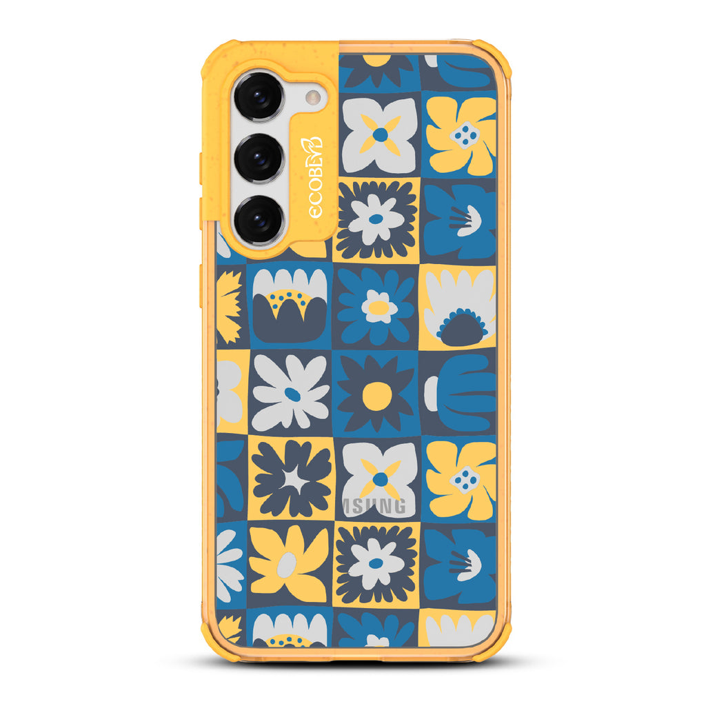 Paradise Blooms - Yellow Eco-Friendly Galaxy S23 Case With Tropical Floral Checker Print On A Clear Back
