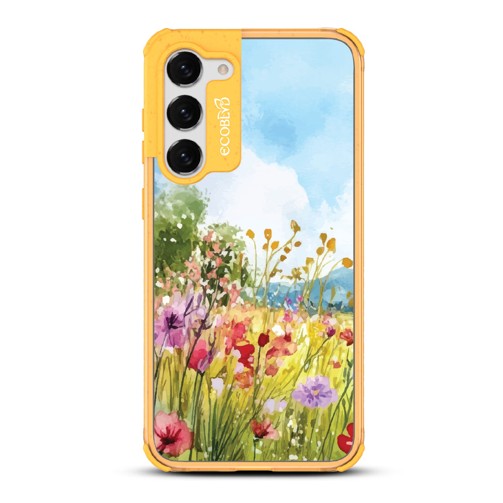 Samsung Galaxy S23 case, clear eco-friendly phone case with yellow ridges, back view, Everwild design
