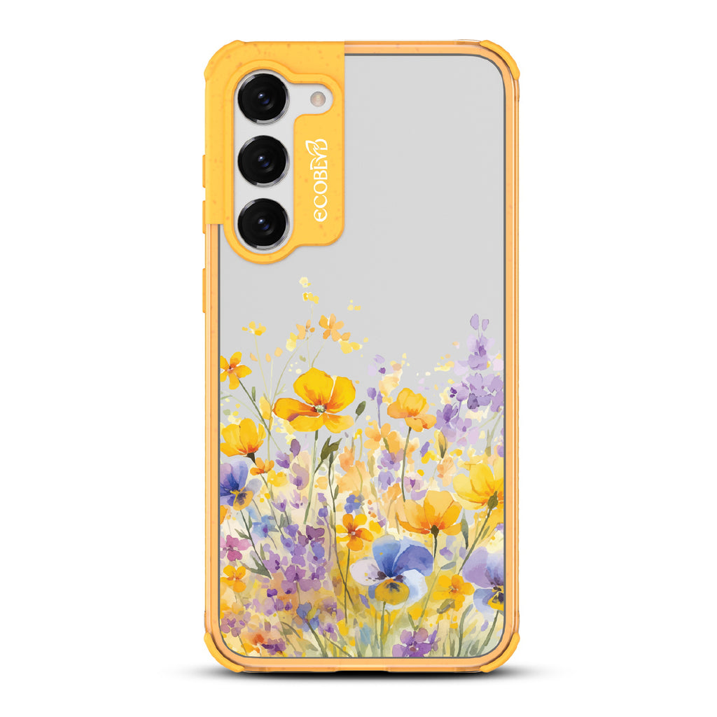 Samsung Galaxy S23 case, clear eco-friendly phone case with yellow ridges, back view, Meadowlight design