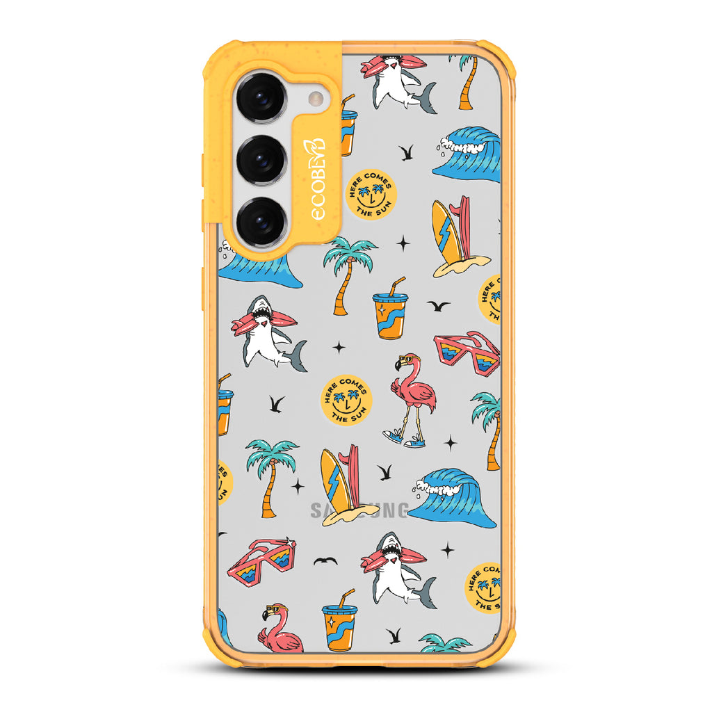 Here Comes The Sun - Yellow Eco-Friendly Galaxy S23 Case: Sunglasses, Surfboard, Waves & Beach Theme On A Clear Back
