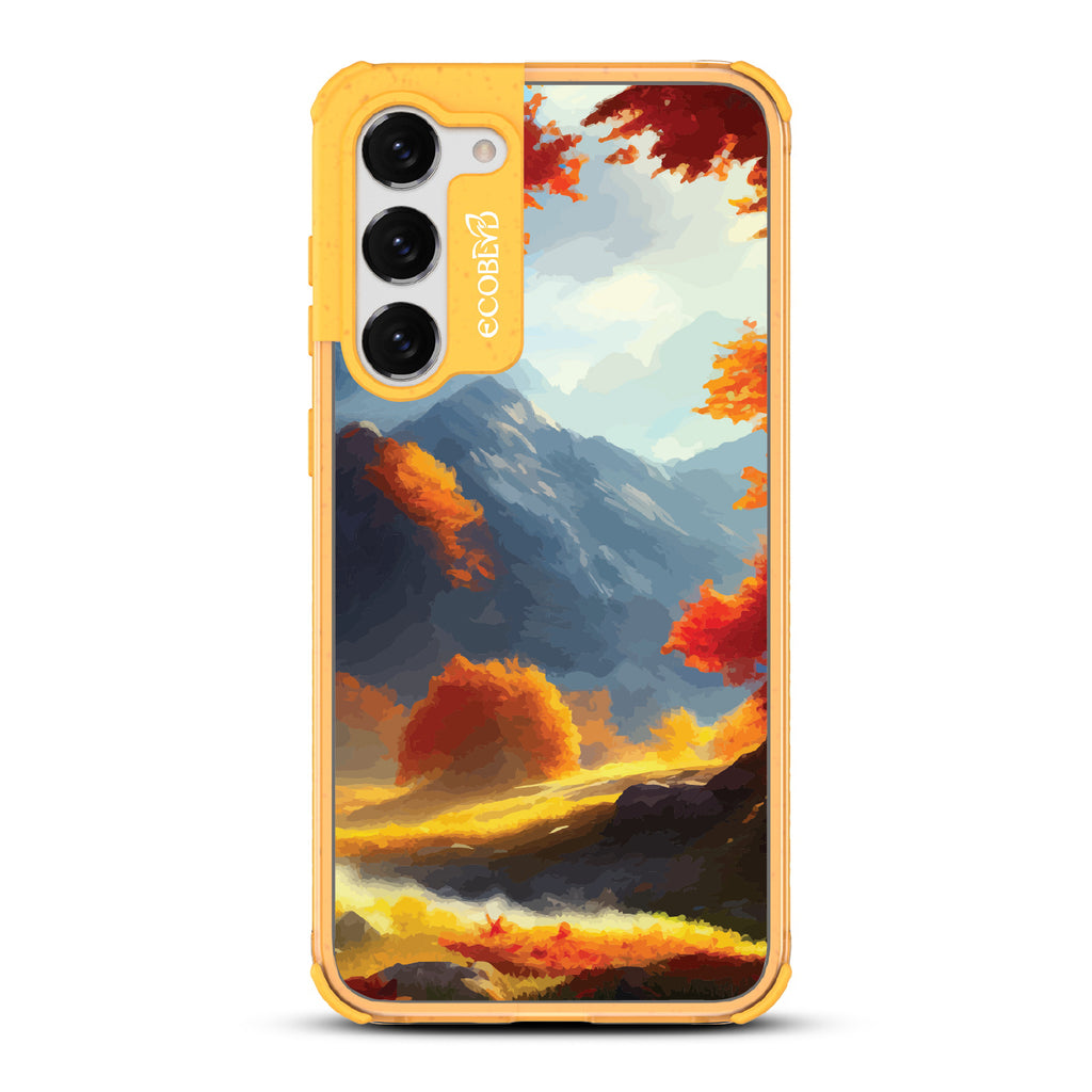 Autumn Canvas - Watercolored Fall Mountain Landscape - Eco-Friendly Clear Samsung Galaxy S23 Plus Case With Yellow Rim 