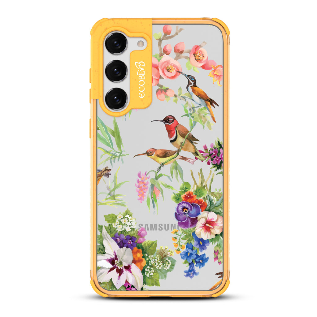 Sweet Nectar - Yellow Eco-Friendly Galaxy S23 Plus Case With Humming Birds, Colorful Garden Flowers On A Clear Back