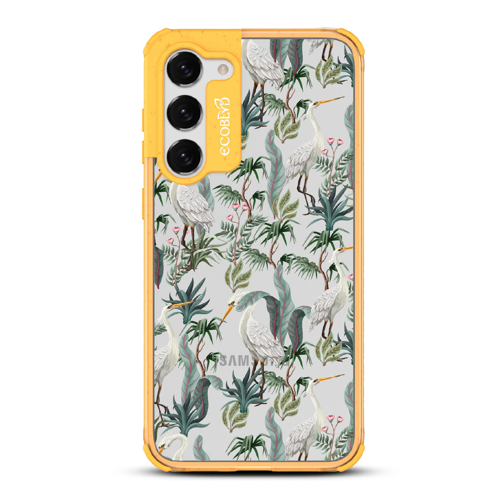 Flock Together - Yellow Eco-Friendly Galaxy S23 Case With Herons & Peonies On A Clear Back