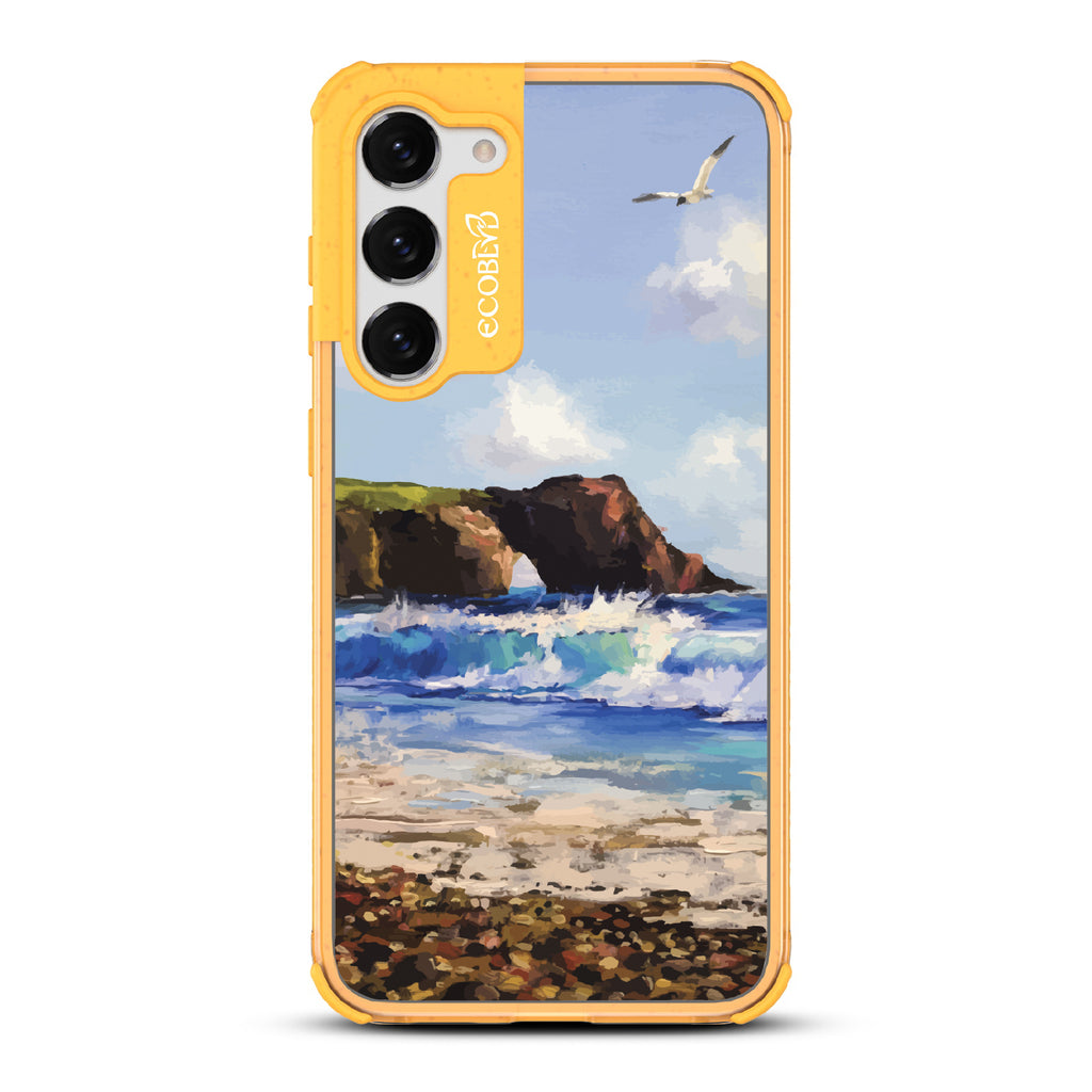 Samsung Galaxy S23 Plus case, clear eco-friendly phone case with yellow ridges, back view, Cliffhanger design
