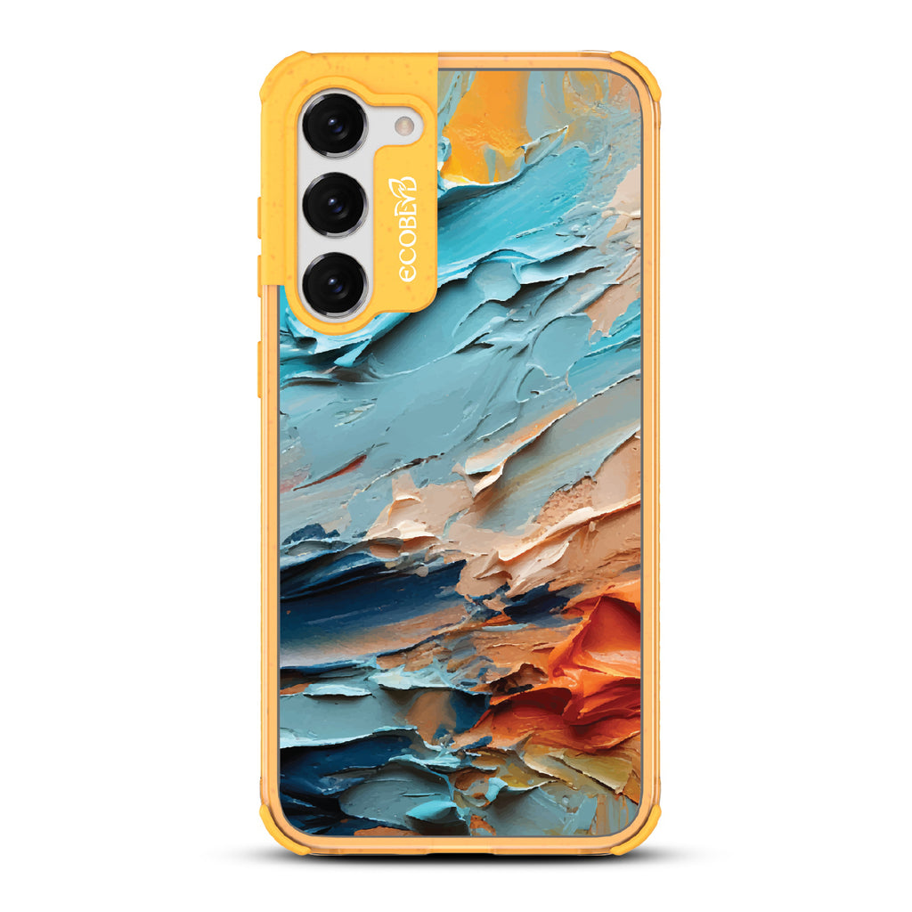 Samsung Galaxy S23 Plus case, clear eco-friendly phone case with yellow ridges, back view, Frame of Mind design