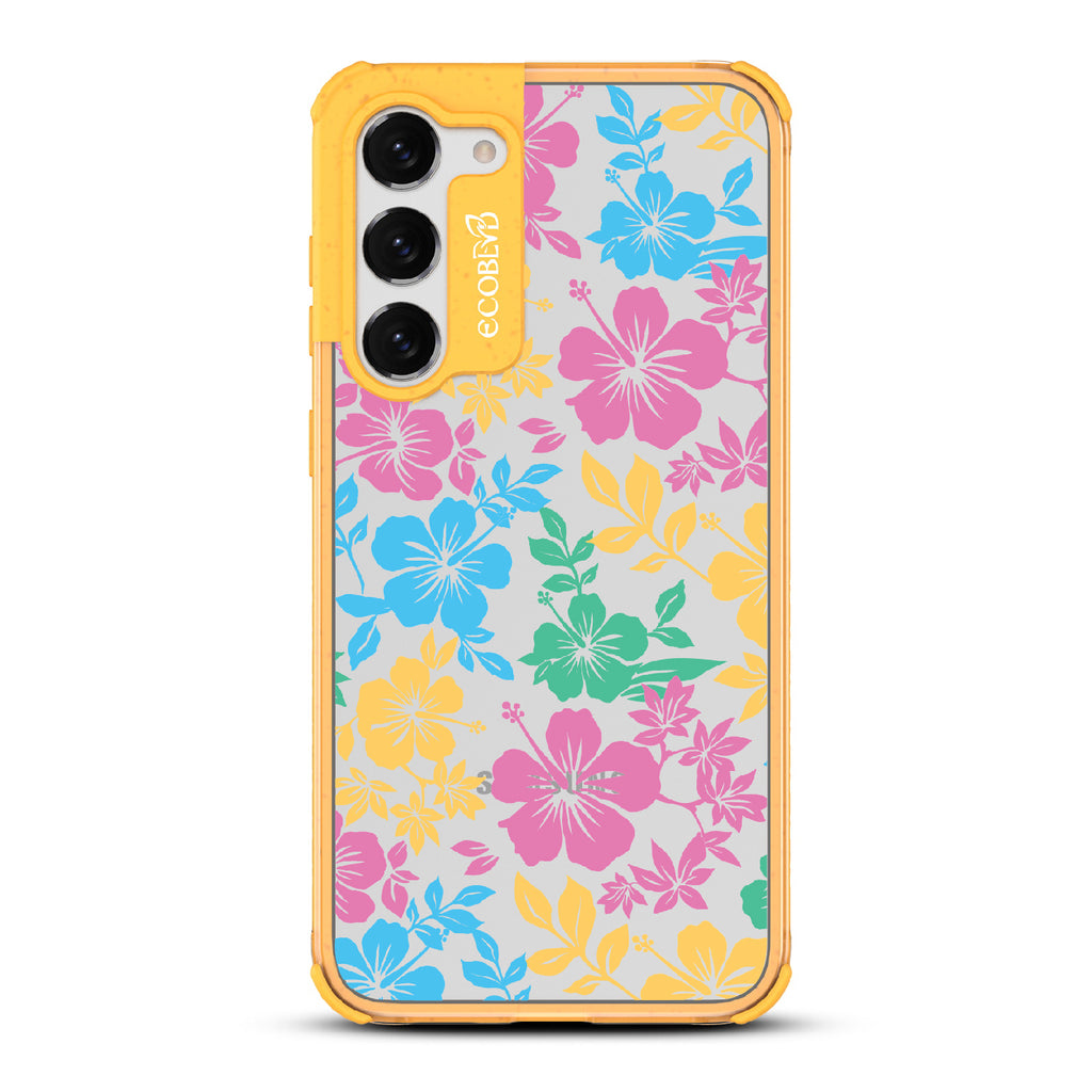 Lei'd Back - Yellow Eco-Friendly Galaxy S23 Case With Colorful Hawaiian Hibiscus Floral Print On A Clear Back