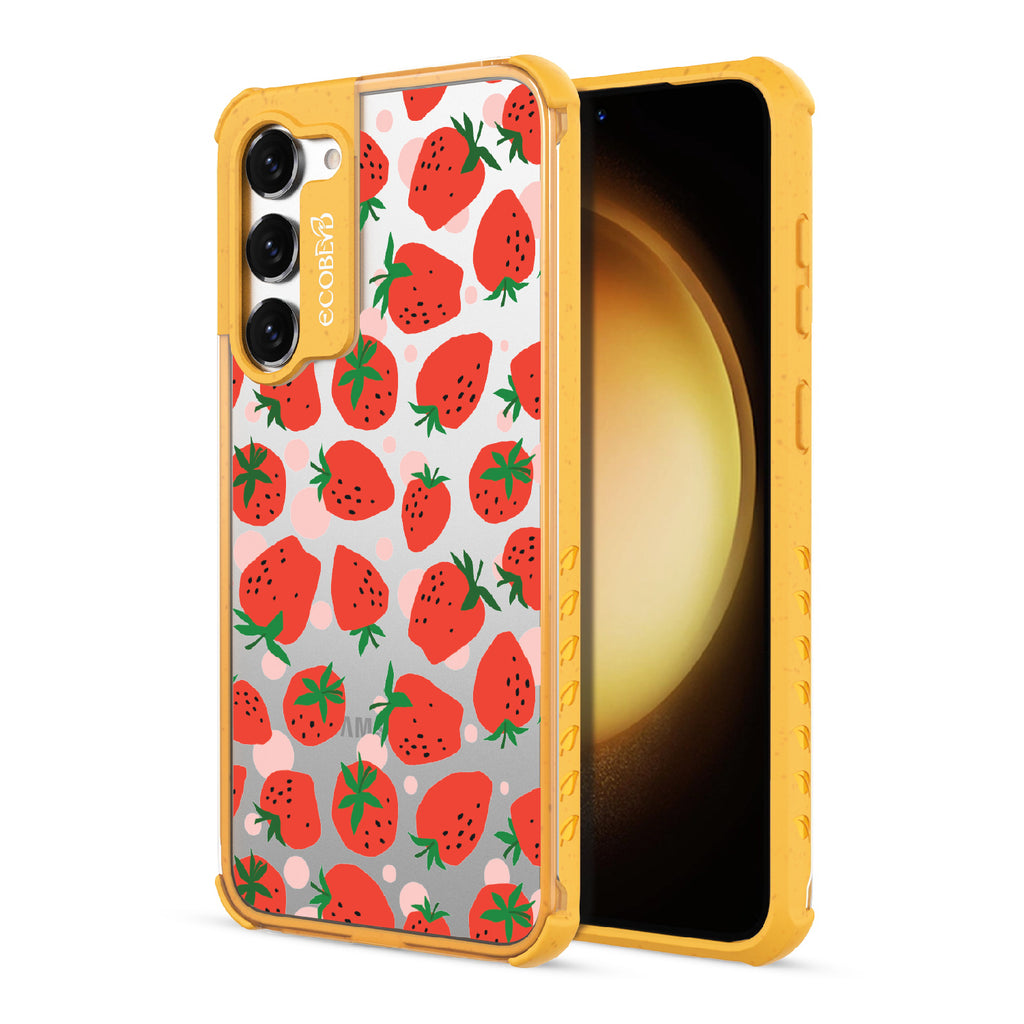 Strawberry Fields - Back View Of Yellow & Clear Eco-Friendly Galaxy S23 Case & A Front View Of The Screen