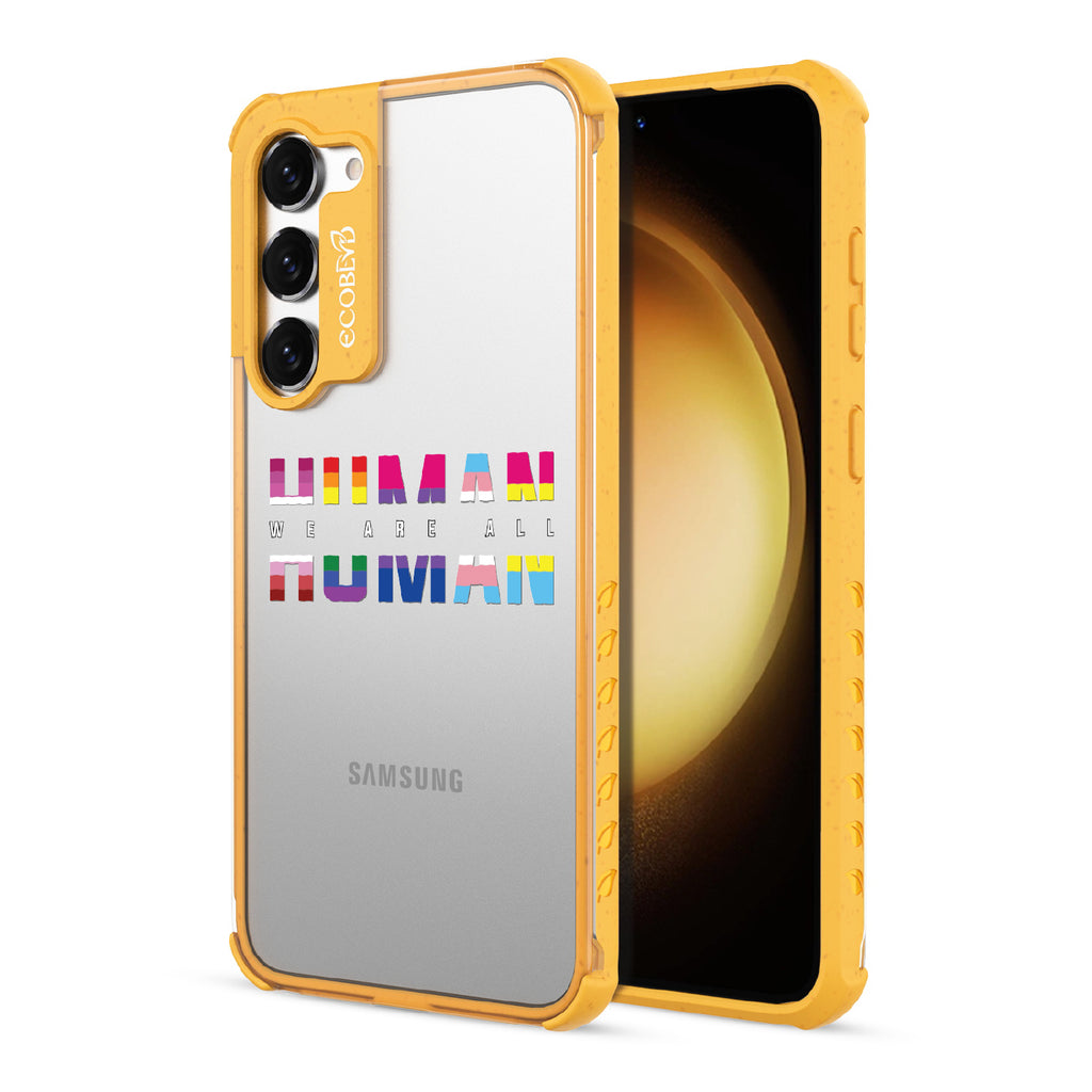 We Are All Human - Back View Of Yellow & Clear Eco-Friendly Galaxy S23 Case & A Front View Of The Screen