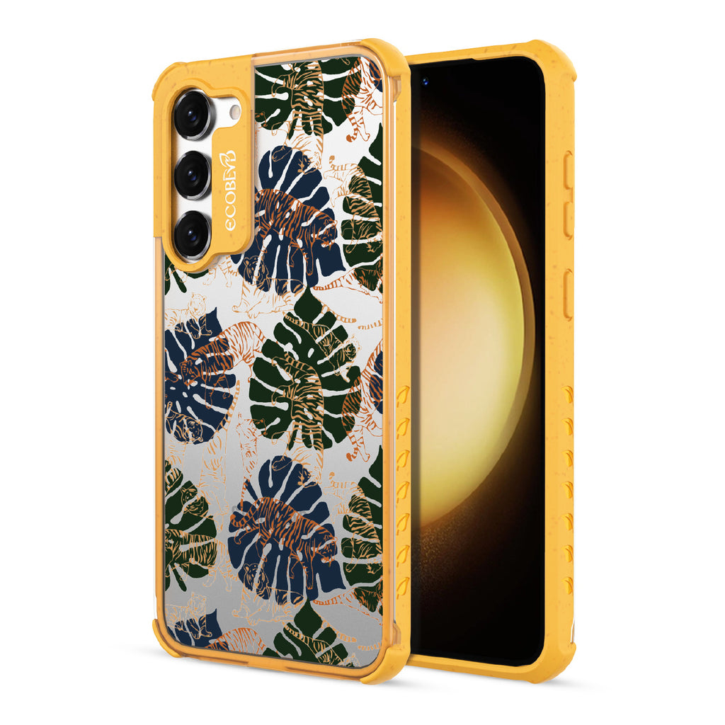 Tropic Roar - Back View Of Yellow & Clear Eco-Friendly Galaxy S23 Plus Case & A Front View Of The Screen
