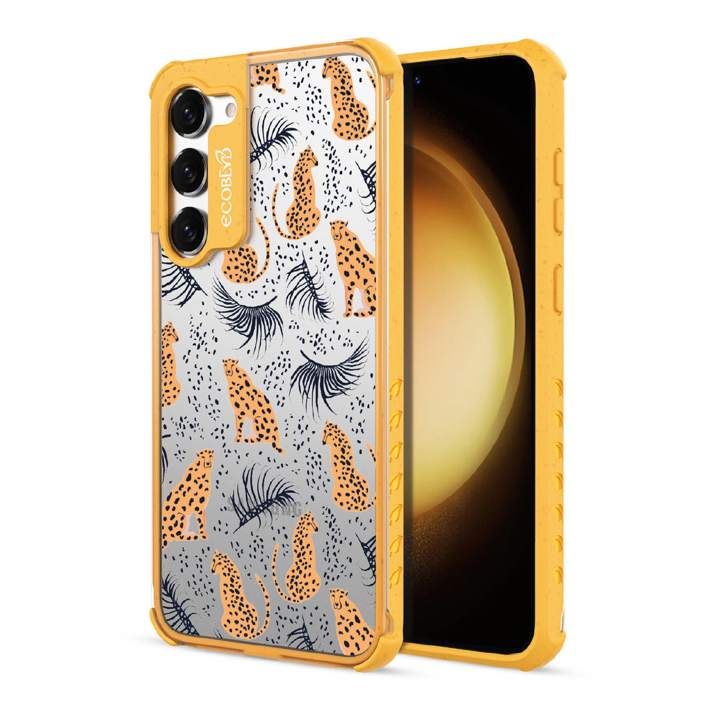 Feline Fierce - Back View Of Yellow & Clear Eco-Friendly Galaxy S23 Case & A Front View Of The Screen